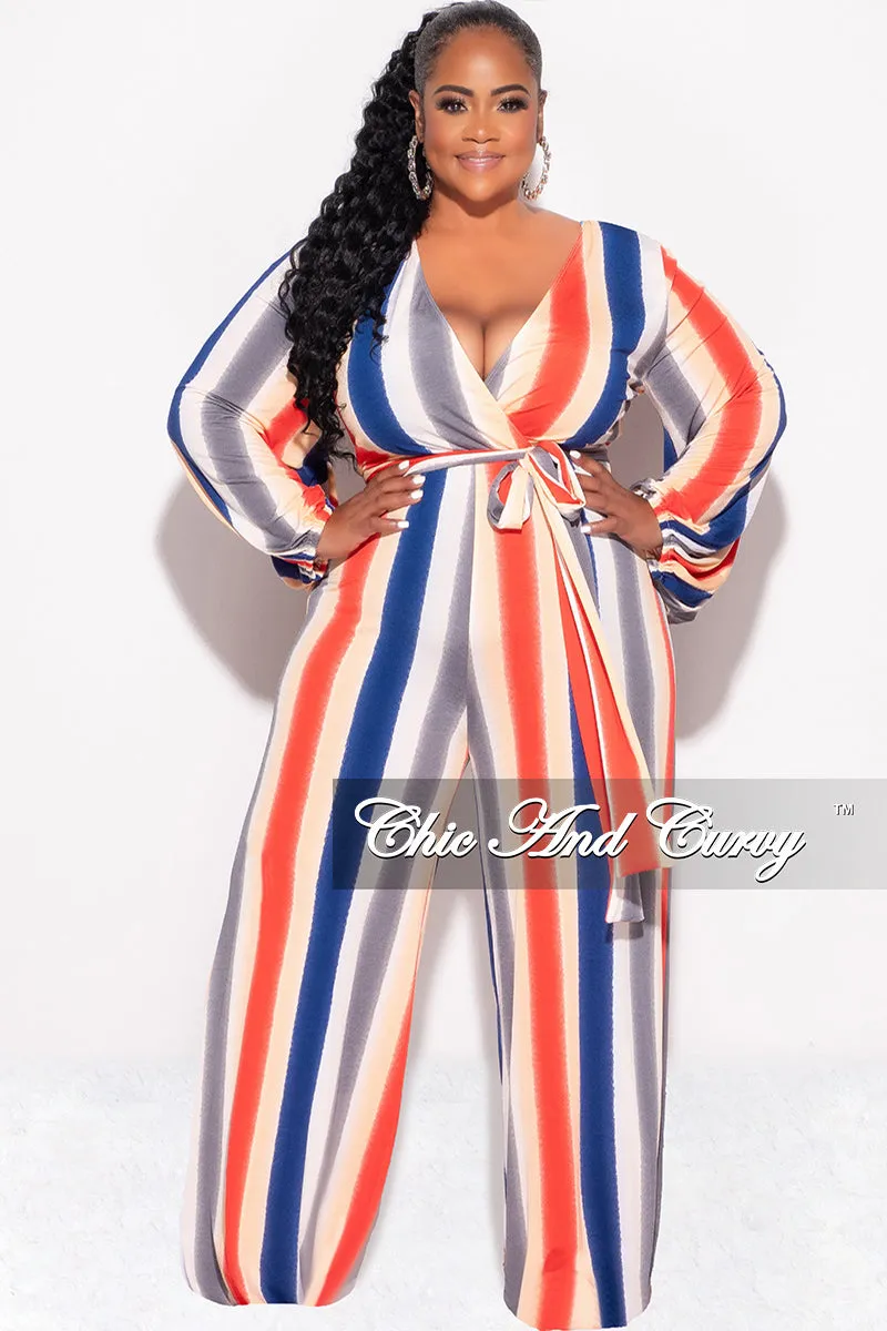 Warm Layer Belt loops Final Sale Plus Size Long Sleeve Faux Wrap Jumpsuit with Attached Tie in Stripe Print