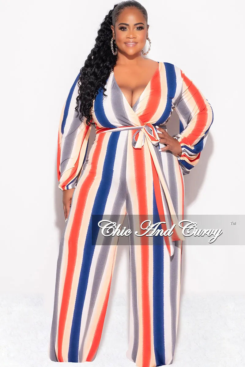 Final Sale Plus Size Long Sleeve Faux Wrap Jumpsuit with Attached Tie in Stripe Print Wide fit