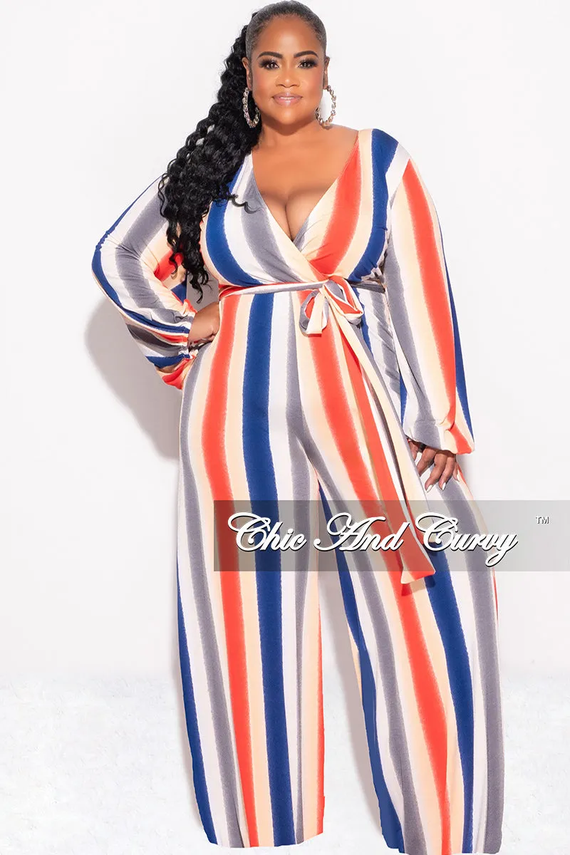 Final Sale Plus Size Long Sleeve Faux Wrap Jumpsuit with Attached Tie in Stripe Print Light and Cozy