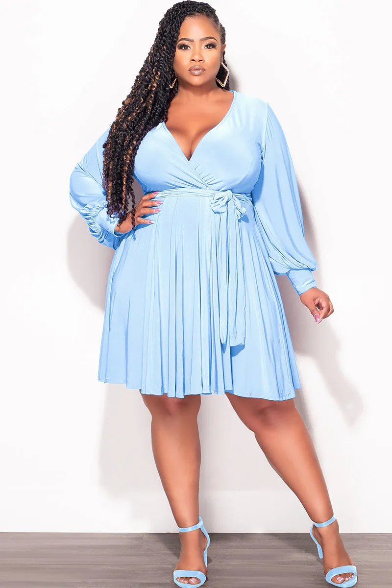 Sporty Chic Essential Layer Final Sale Plus Size Long Sleeve Faux Wrap Skater Dress in Baby Blue