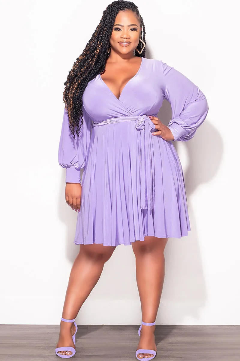 Final Sale Plus Size Long Sleeve Faux Wrap Skater Dress in Purple Durable Waistband Versatile Wearable