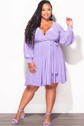 Supportive Fit Final Sale Plus Size Long Sleeve Faux Wrap Skater Dress in Purple