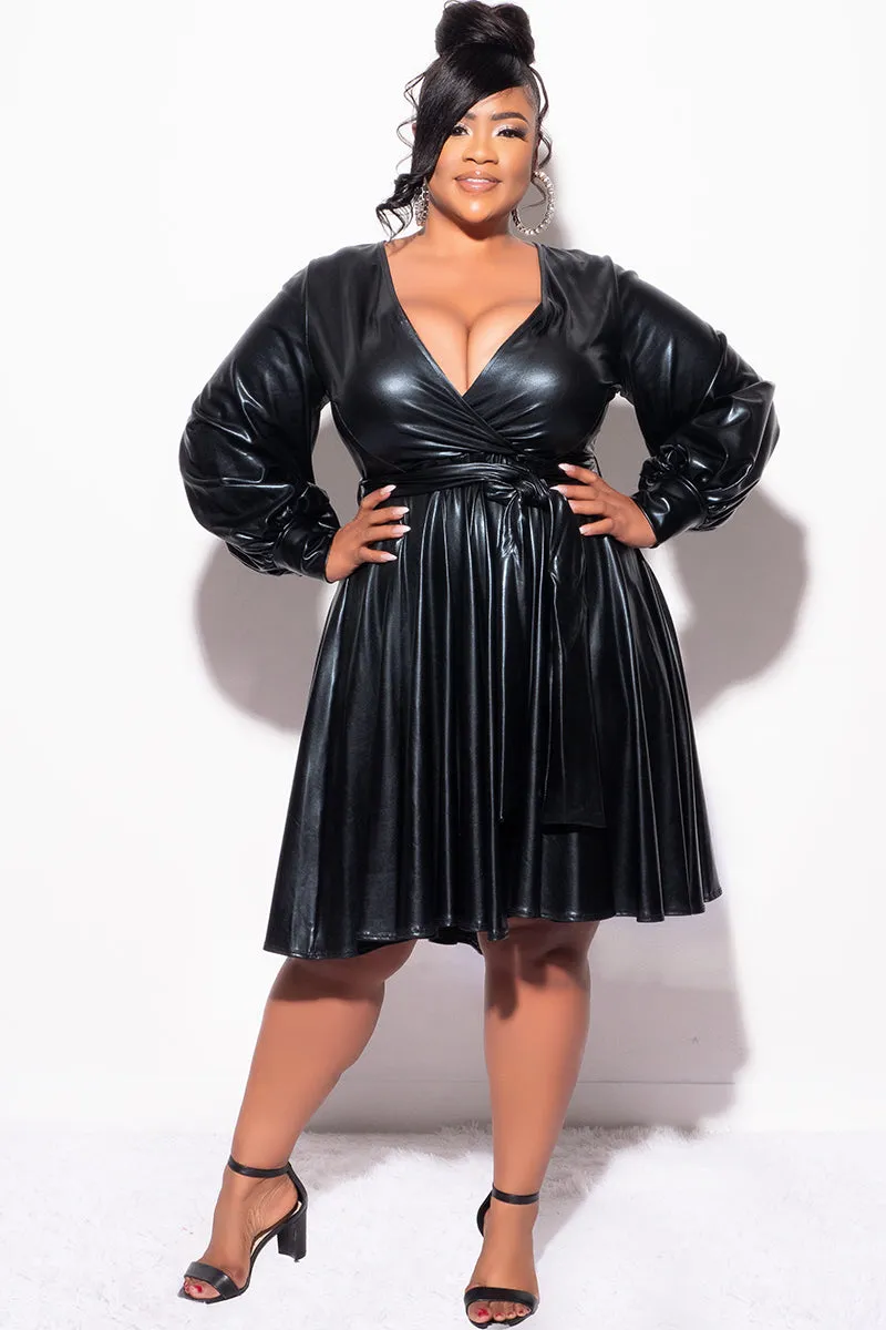 Final Sale Plus Size Long Sleeve Faux Wrap Skater Dress in Vegan Liquid Black Premium Quality