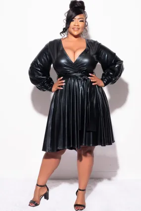 Final Sale Plus Size Long Sleeve Faux Wrap Skater Dress in Vegan Liquid Black Premium Quality
