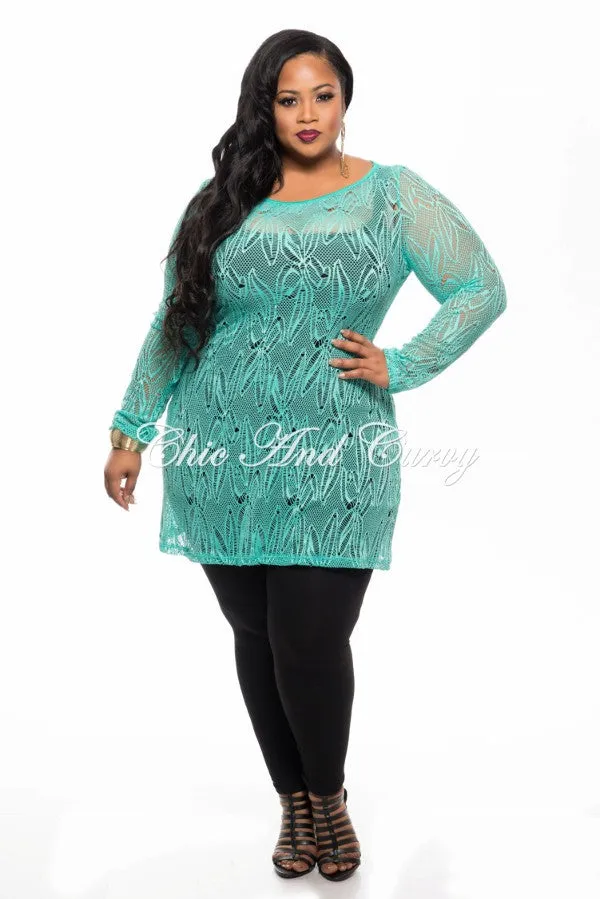 SmoothZipClosure Weekend Adventure Final Sale Plus Size Long Sleeve Lace Netting Design Top in Jade