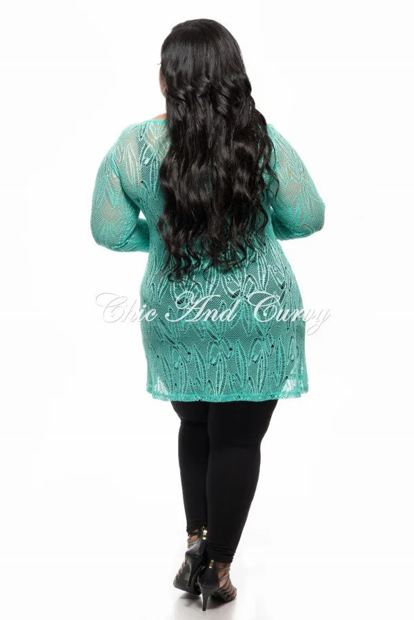 Final Sale Plus Size Long Sleeve Lace Netting Design Top in Jade Chilly Layering