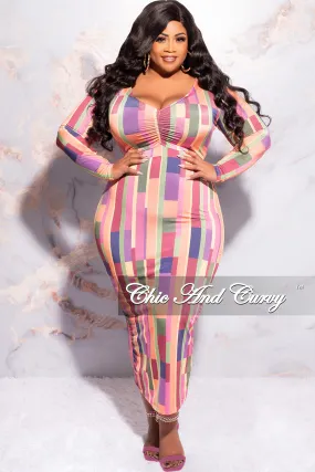Final Sale Plus Size Long Sleeve Midi Dress with Back Slit in Multi Color Stripe Print Rest Easy Relaxed Wear
