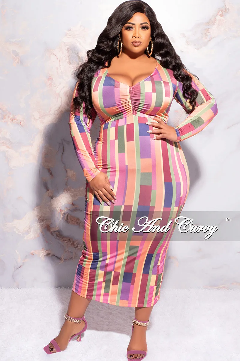 Final Sale Plus Size Long Sleeve Midi Dress with Back Slit in Multi Color Stripe Print Fit Freedom