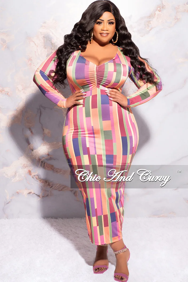Erasable Logo Patch Final Sale Plus Size Long Sleeve Midi Dress with Back Slit in Multi Color Stripe Print