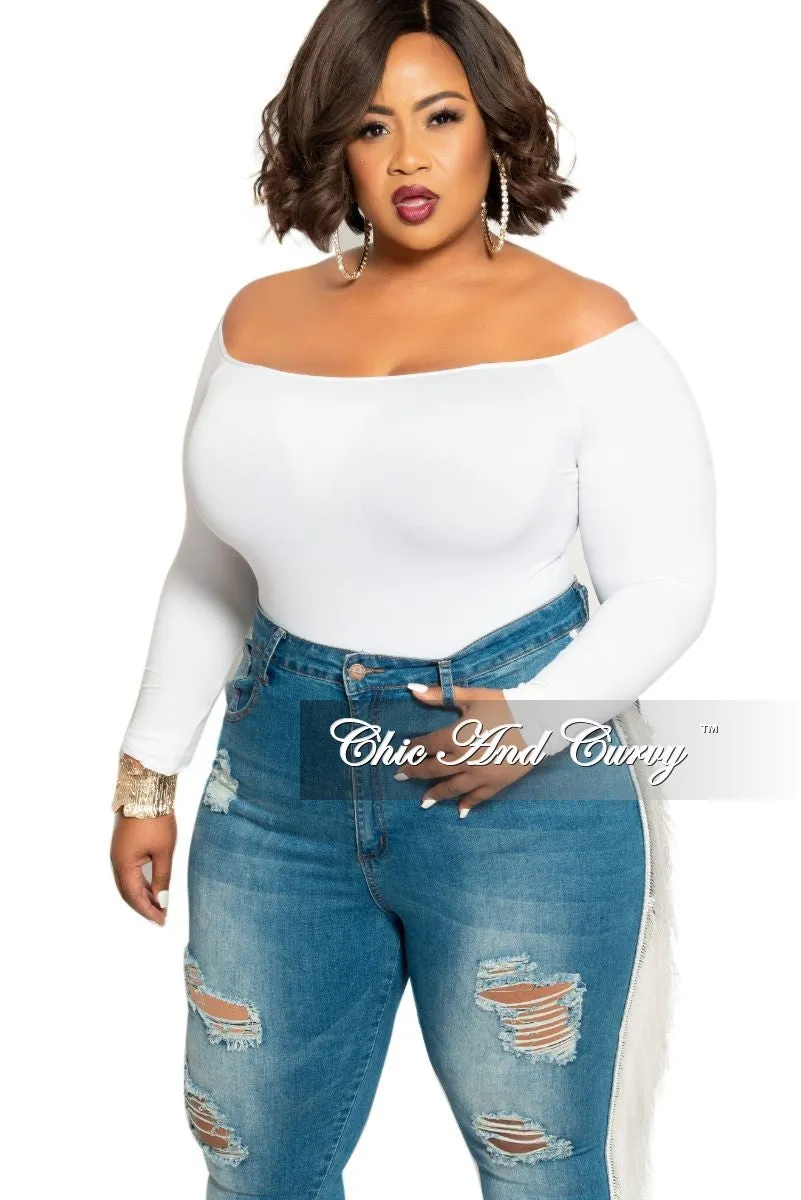 Flexible Activewear Final Sale Plus Size Long Sleeve Off the Shoulder Bodysuit in White