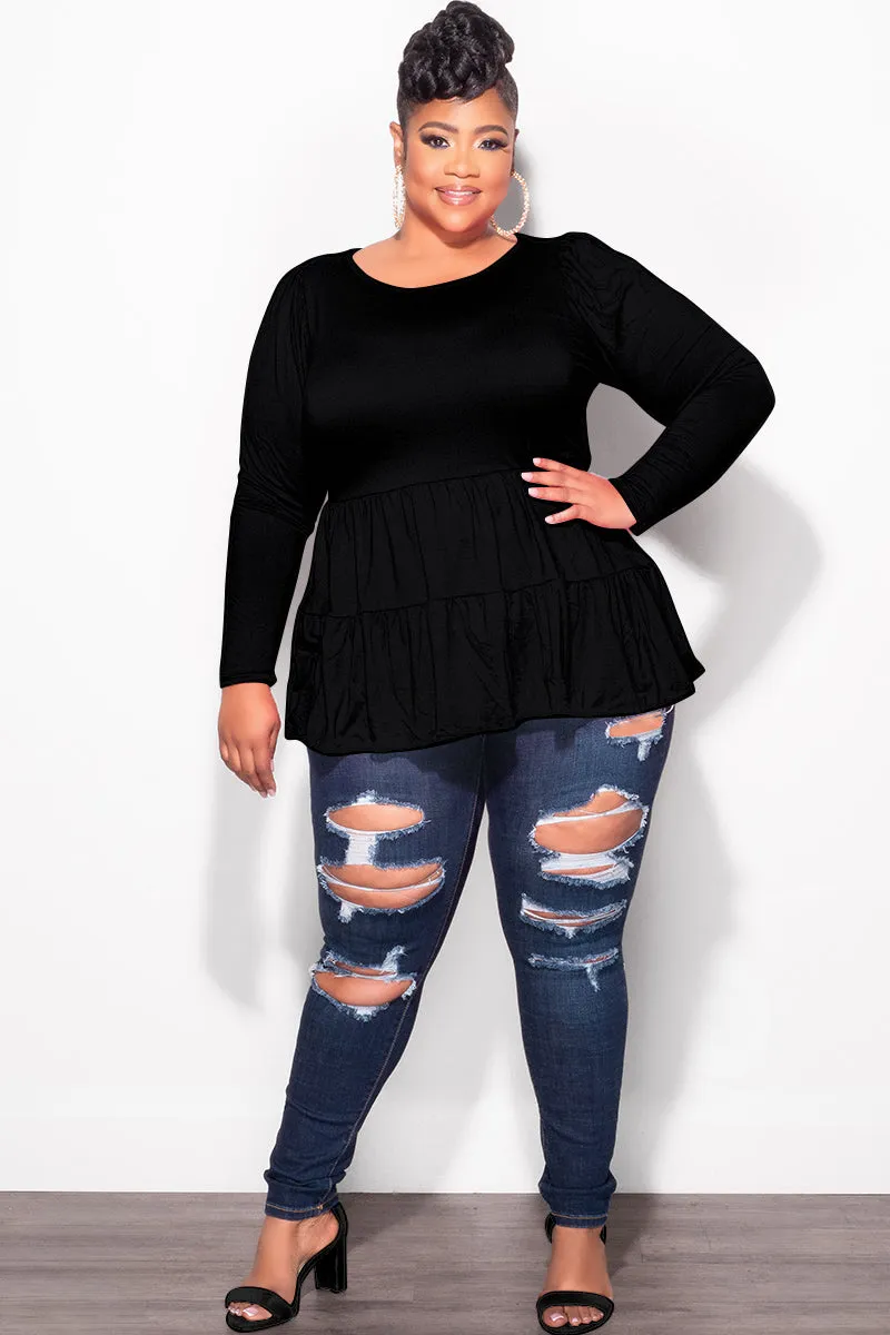 Final Sale Plus Size Long Sleeve Peplum Top In Black QuickReleaseFastenings WaterRepellent