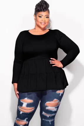 Final Sale Plus Size Long Sleeve Peplum Top In Black Seamless Technology