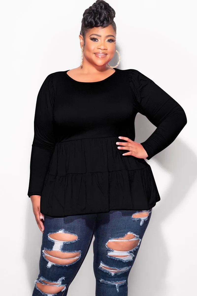 Final Sale Plus Size Long Sleeve Peplum Top In Black Movement Ready Bold Design