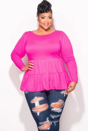 Sleek Fit Final Sale Plus Size Long Sleeve Peplum Top In Hot Pink