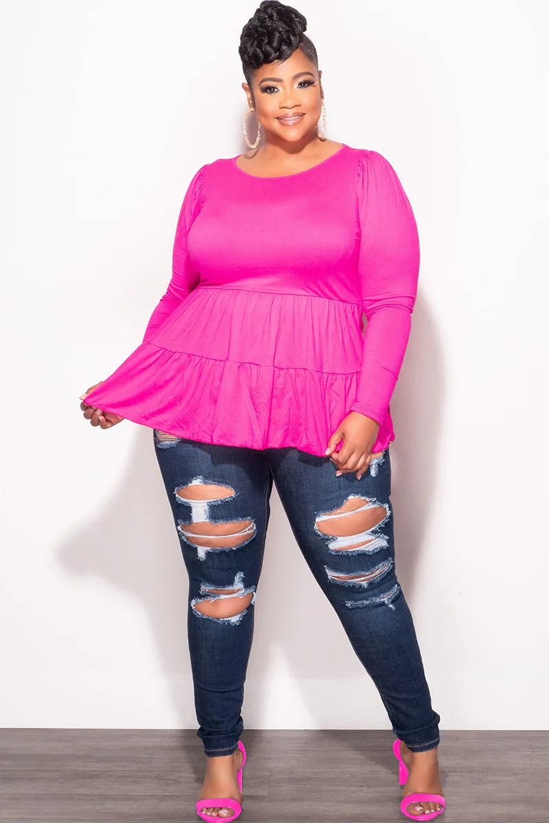 No Fuss Final Sale Plus Size Long Sleeve Peplum Top In Hot Pink