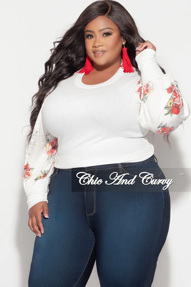 Embroidered Detail AbrasionResistant Final Sale Plus Size Long Sleeve Ribbed Top with Puffy Sleeves in Off White Floral Print
