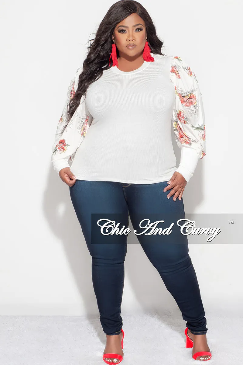Final Sale Plus Size Long Sleeve Ribbed Top with Puffy Sleeves in Off White Floral Print Zero Waste Manufacturing Active Layer
