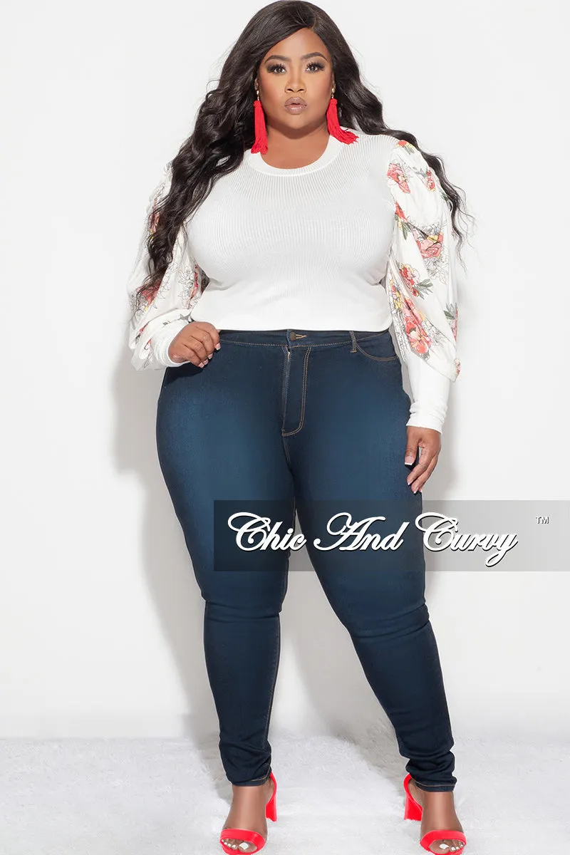 Final Sale Plus Size Long Sleeve Ribbed Top with Puffy Sleeves in Off White Floral Print Body Friendly Breathable Mesh Panels