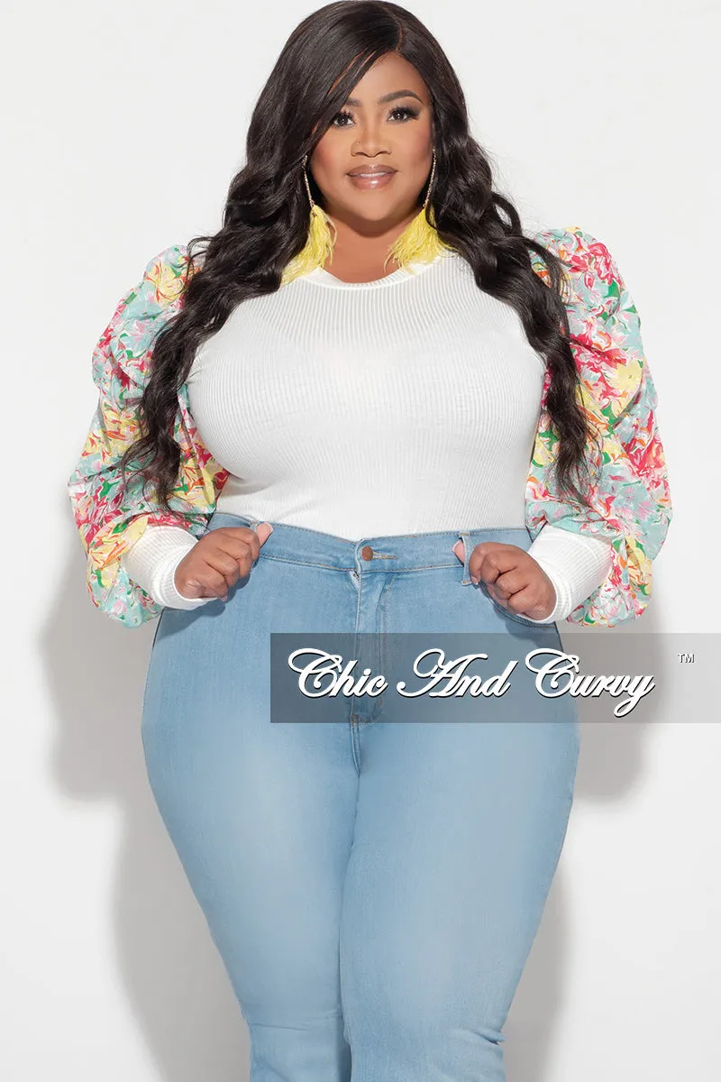 Light Fit Sporty Touch Final Sale Plus Size Long Sleeve Ribbed Top with Puffy Sleeves in Yellow Multi Floral Print