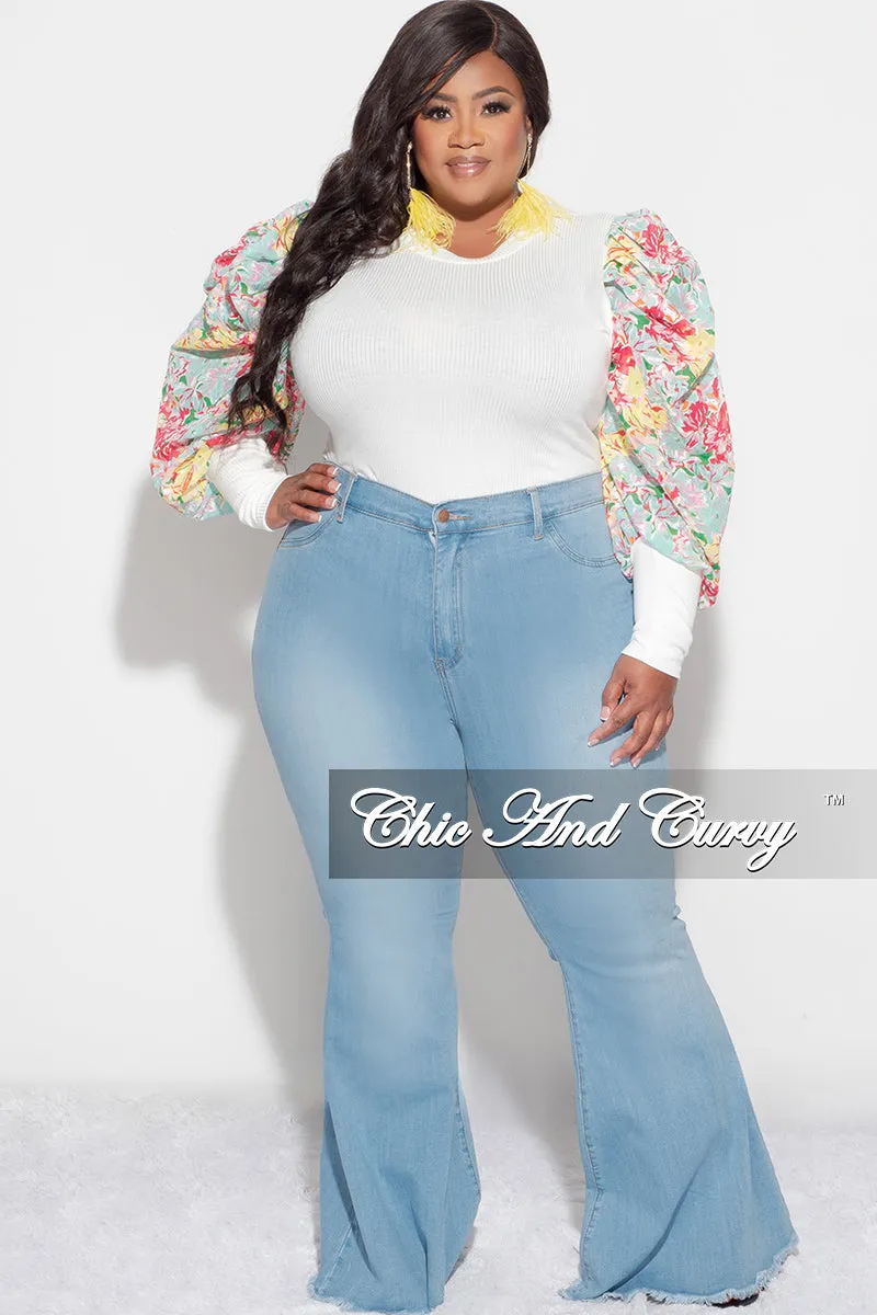 Polished Look Final Sale Plus Size Long Sleeve Ribbed Top with Puffy Sleeves in Yellow Multi Floral Print