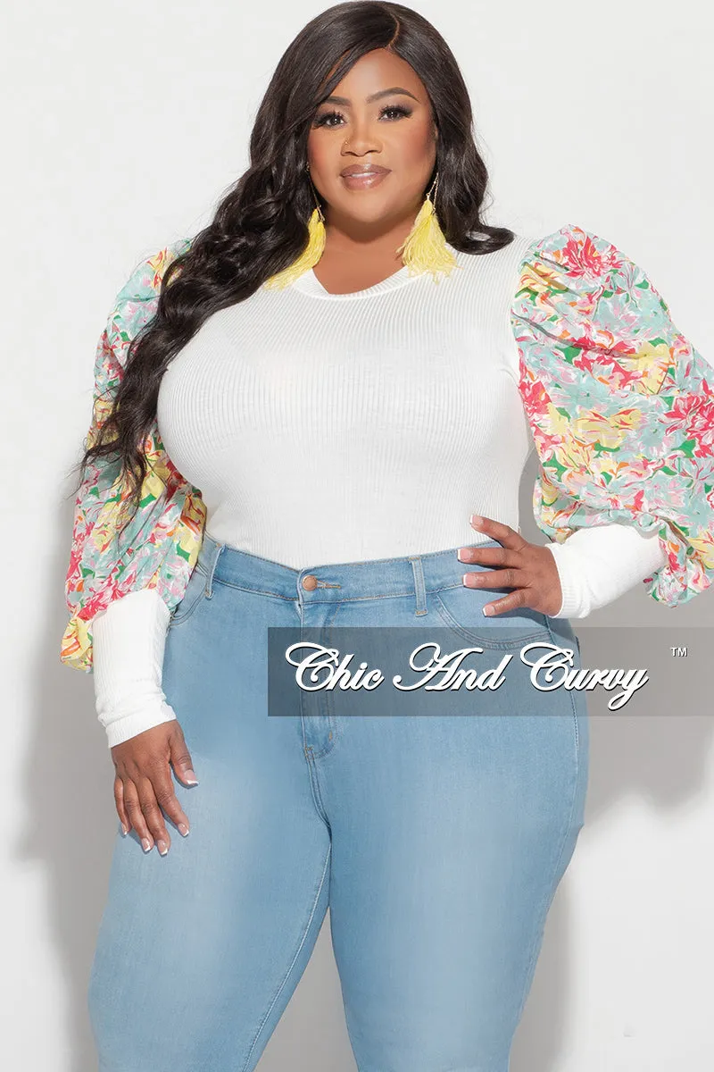 Sporty Layer Fashionable Waist Final Sale Plus Size Long Sleeve Ribbed Top with Puffy Sleeves in Yellow Multi Floral Print