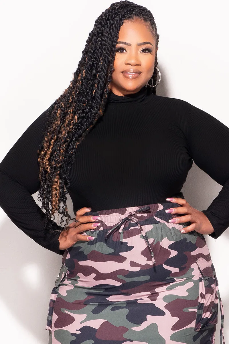 Final Sale Plus Size Long Sleeve Ribbed Turtle Neck in Black Wardrobe Essential Laser Cut Perforations