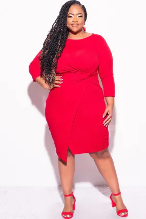 Abrasion Resistant Panels Hypoallergenic fabric Final Sale Plus Size Long Sleeve Side Knot Wrap Midi Dress in Red
