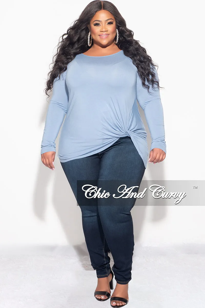 Final Sale Plus Size Long Sleeve Top with Knotted Front in Ice Blue No Gap Waistband