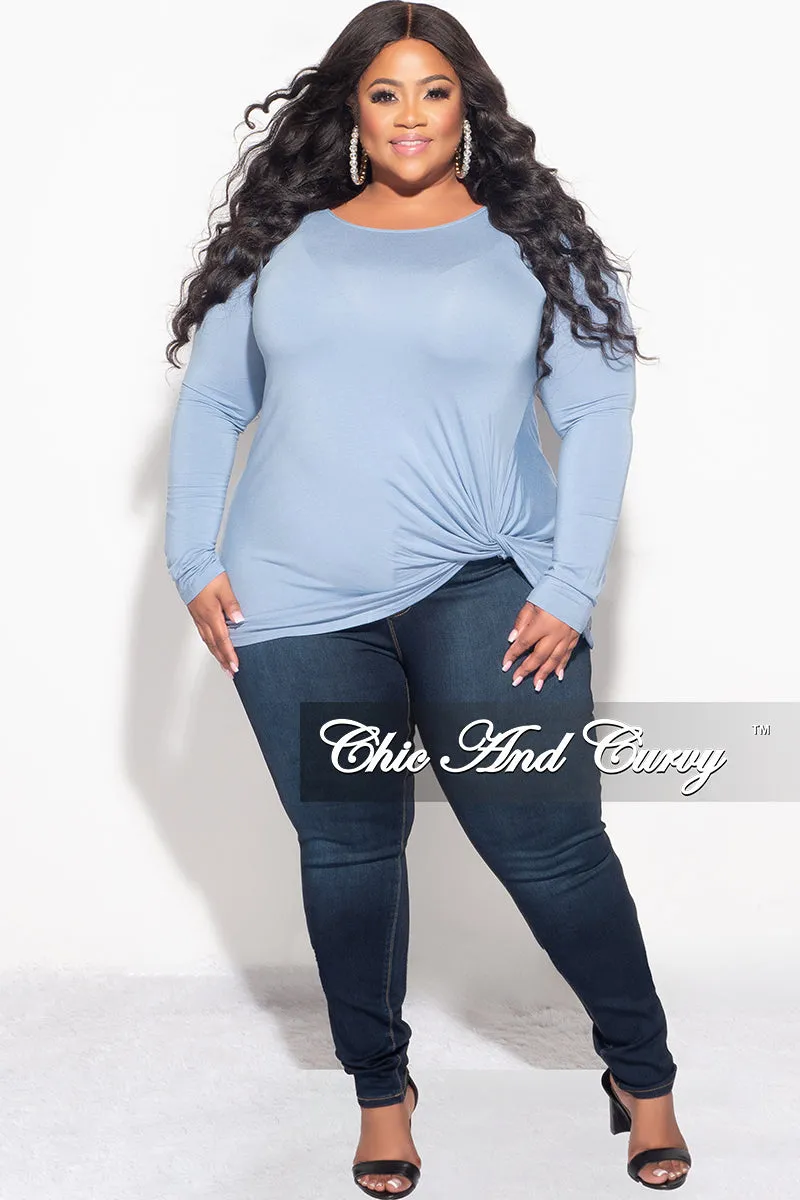 Perfect Shape Freedom Fit Final Sale Plus Size Long Sleeve Top with Knotted Front in Ice Blue