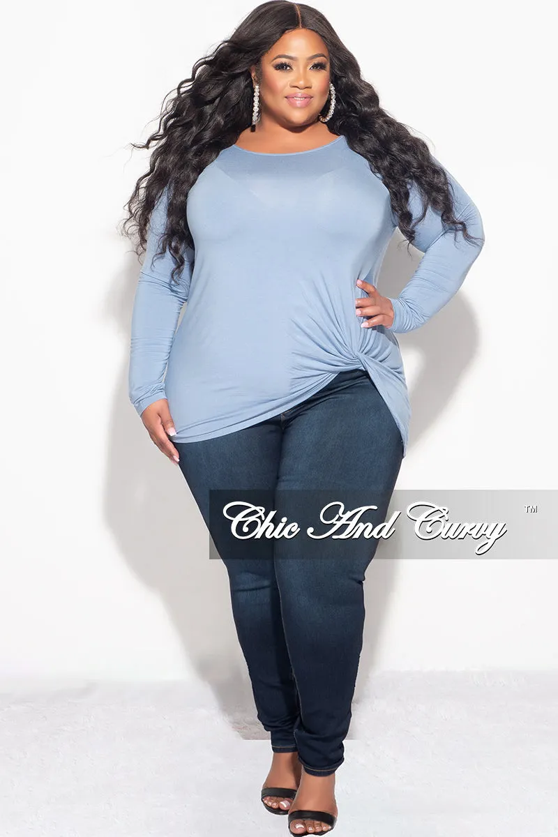Final Sale Plus Size Long Sleeve Top with Knotted Front in Ice Blue Breathable Mesh Panels TaglessDesign