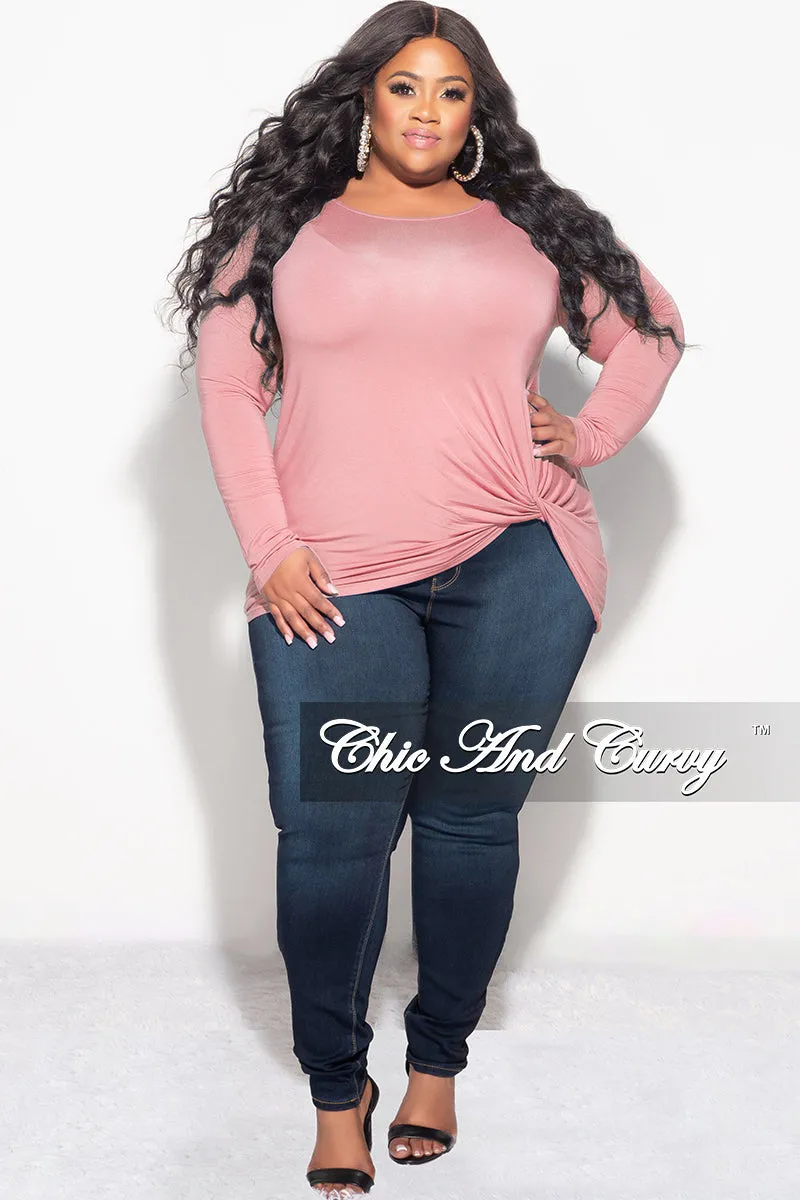 Everyday Comfort Wear Casual Vibes Final Sale Plus Size Long Sleeve Top with Knotted Front in Rose Pink