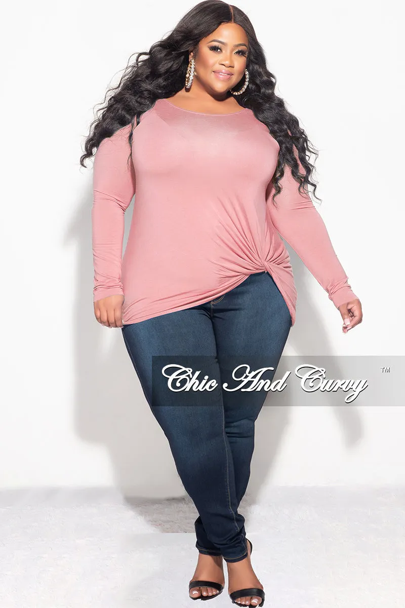 Final Sale Plus Size Long Sleeve Top with Knotted Front in Rose Pink Flexible Wear Breathable mesh design