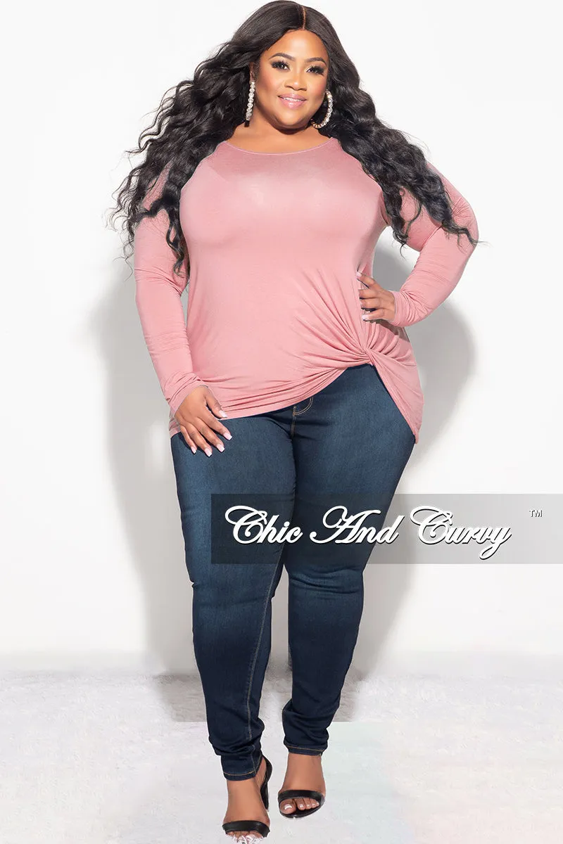 Final Sale Plus Size Long Sleeve Top with Knotted Front in Rose Pink Breathable Lining Sporty Look