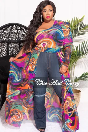 Final Sale Plus Size Mesh One Shoulder Top with Train in Purple, Orange & Blue Design Print SnagFreeFabric