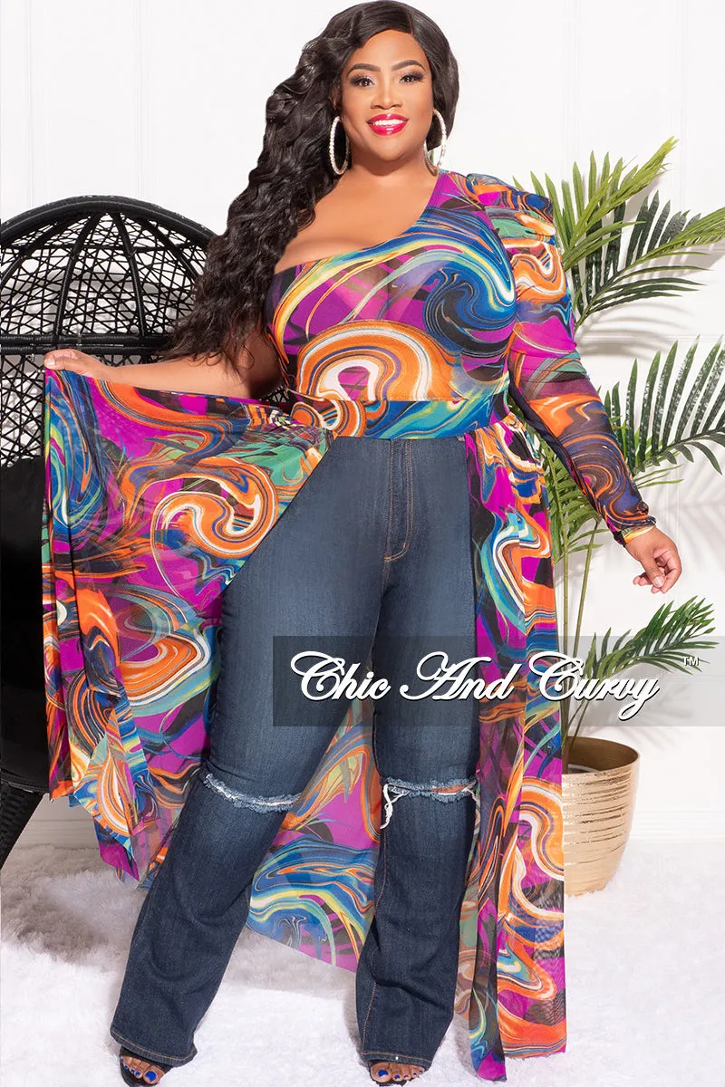 Final Sale Plus Size Mesh One Shoulder Top with Train in Purple, Orange & Blue Design Print Seamless Comfort