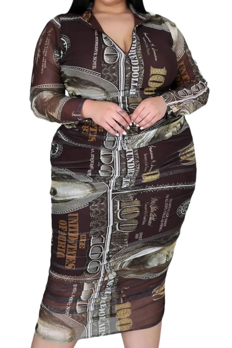 Smart Comfort Final Sale Plus Size Mesh Ruched Dress in Brown Money Print