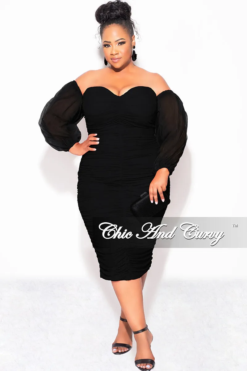 Core Fit Design Relaxed Comfort Wear Final Sale Plus Size Mesh Shirring Tube Midi Dress with Mesh Sleeves in Black
