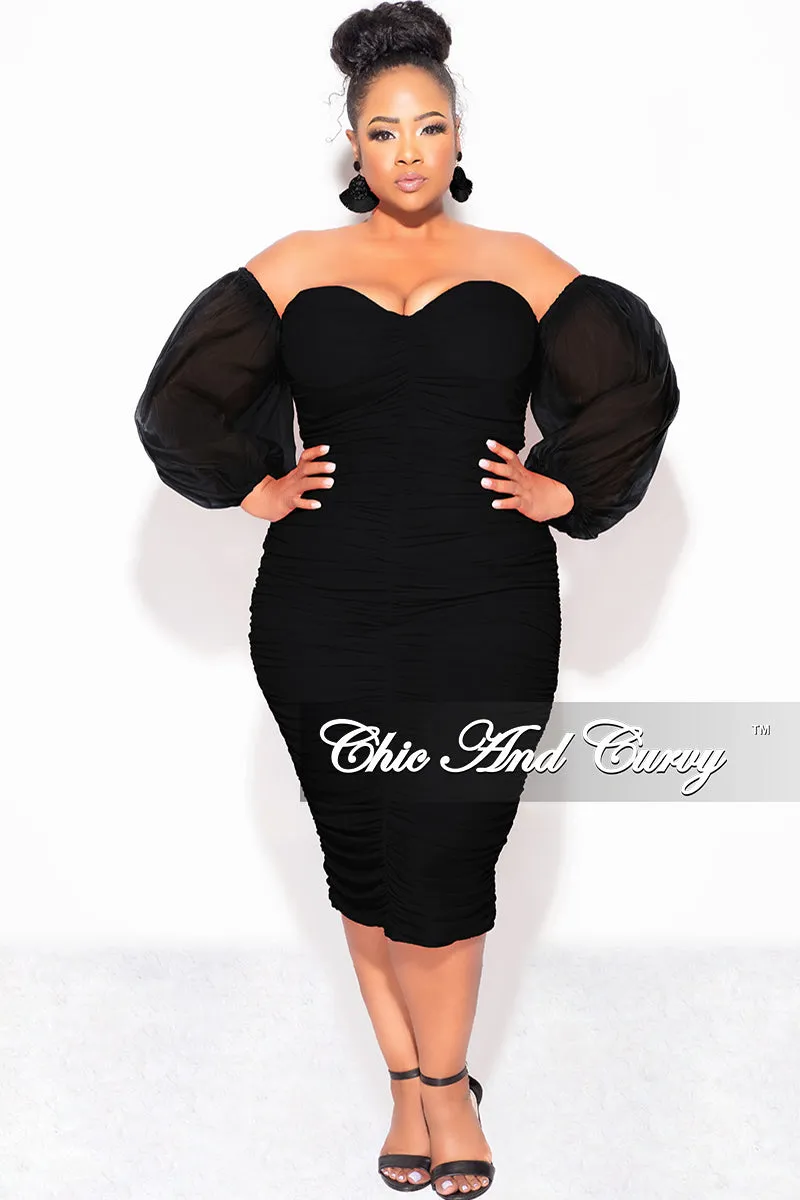 Breathable Comfort Fit Perfect Shape Final Sale Plus Size Mesh Shirring Tube Midi Dress with Mesh Sleeves in Black