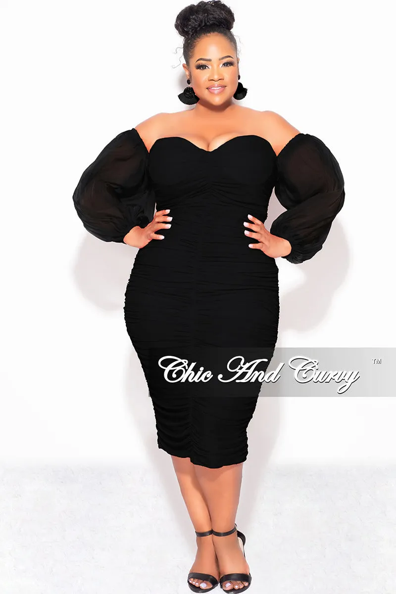 Final Sale Plus Size Mesh Shirring Tube Midi Dress with Mesh Sleeves in Black Stylish Look Wide fit