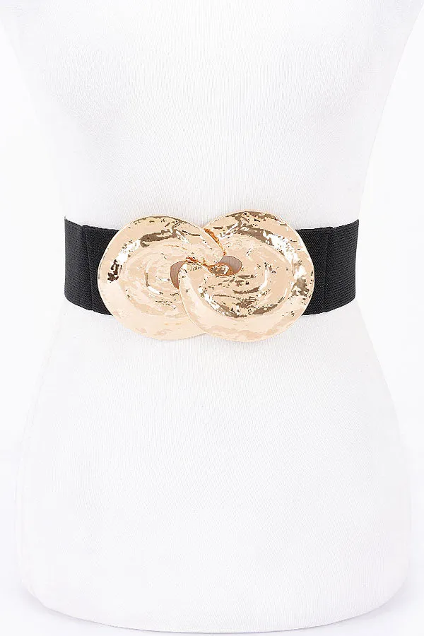 Final Sale Plus Size Metal Buckle Stretch Hammered Plate Belt in Gold and Black Padded hips Flexible Leg