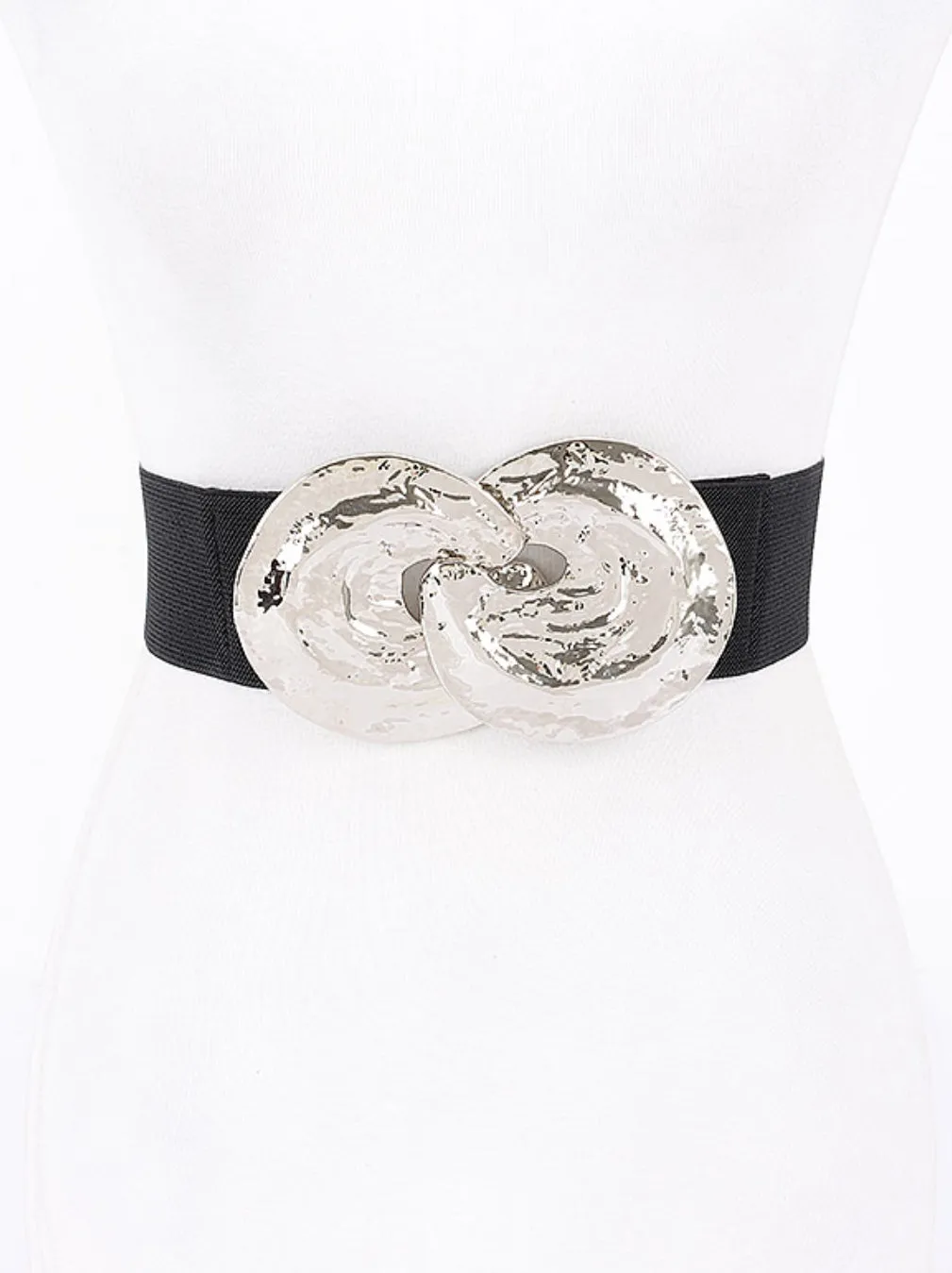 No Frills Fit Fashion Fit Final Sale Plus Size Metal Buckle Stretch Hammered Plate Belt in Silver and Black