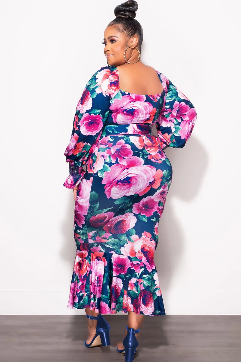 Comfort waistband Effortless Layer Final Sale Plus Size Midi BodyCon Dress with Ruffle Bottom in Navy Floral Print