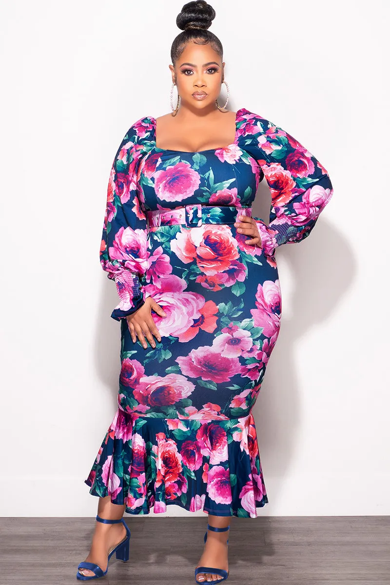 Final Sale Plus Size Midi BodyCon Dress with Ruffle Bottom in Navy Floral Print Contoured Panel Design Tagless Labeling
