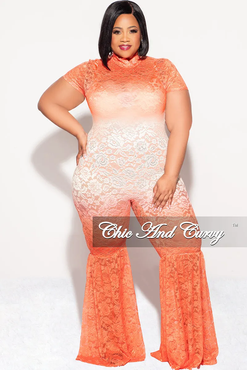 Outfit Staple Final Sale Plus Size Mock Neck Lace Bell Bottom Jumpsuit in Orange Ivory