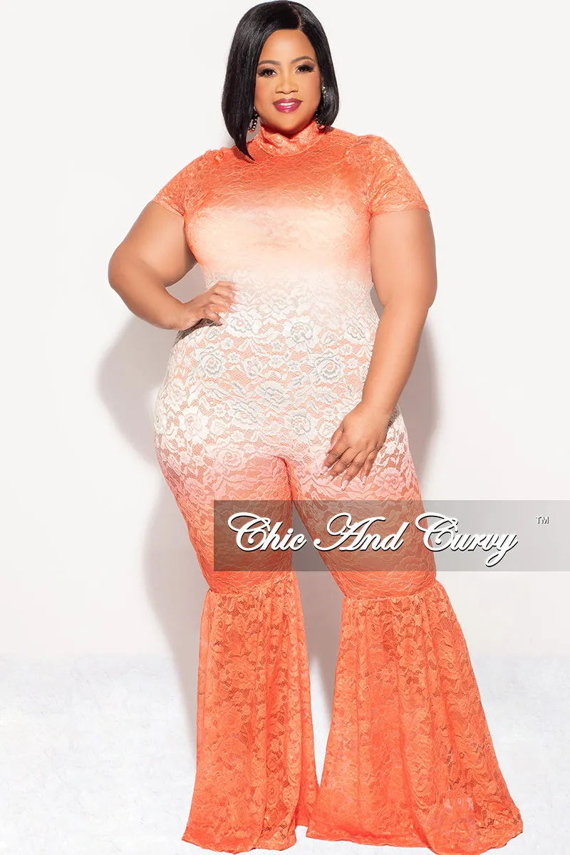 Stretching Fit Simple Cut Final Sale Plus Size Mock Neck Lace Bell Bottom Jumpsuit in Orange Ivory