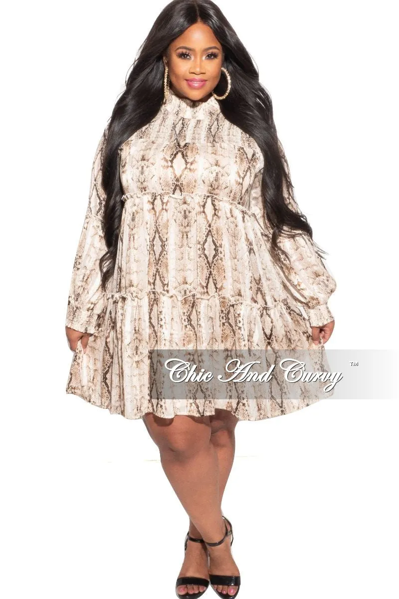 Casual Chic Look Final Sale Plus Size Mock Neck Ruffle Layer Babydoll Dress in Brown Snake Chiffon