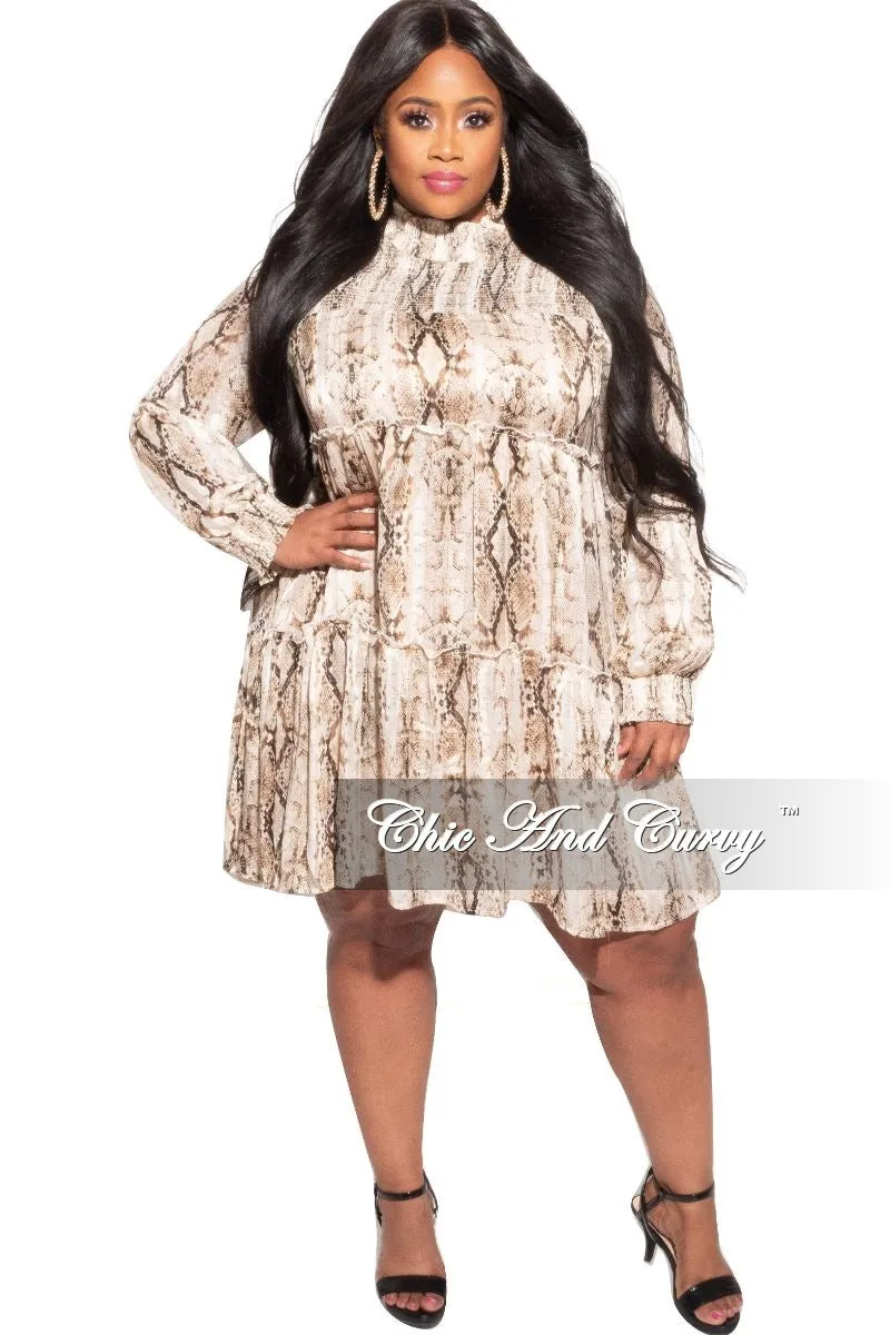 Final Sale Plus Size Mock Neck Ruffle Layer Babydoll Dress in Brown Snake Chiffon Ultra Soft Inner Layer