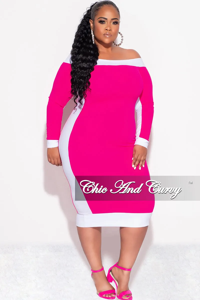 Comfort-First Seamless construction Final Sale Plus Size Off the Shoulder BodyCon Dress in Fuchsia with White Trim