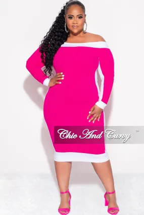 Final Sale Plus Size Off the Shoulder BodyCon Dress in Fuchsia with White Trim Wide-leg cut