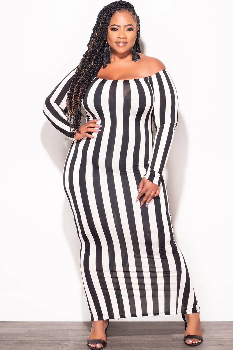 Contrast Trim Final Sale Plus Size Off The Shoulder BodyCon Midi Dress in Black & Beige Stripes